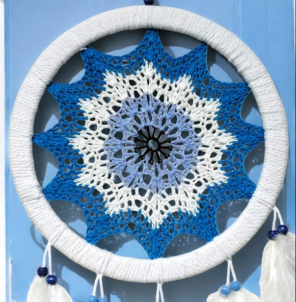 Petrol Mavisi Nazar Motifli Kuş Tüylü Duvar Süsü - Resim 5