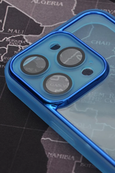 iPhone 14 Pro Max Uyumlu Mavi Kenarlı Renkli Yarı Şeffaf Kapak Kılıf Kamera Lens Korumalı - Resim 2