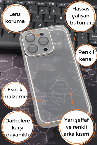 iPhone 14 Pro Max Uyumlu Gri Kenarlı Renkli Yarı Şeffaf Kapak Kılıf Kamera Lens Korumalı - Resim 6