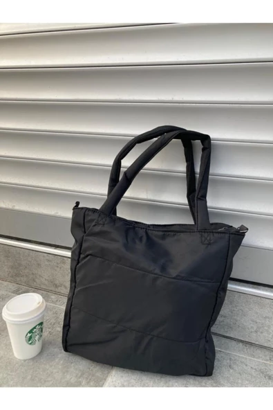 Kadın Siyah Kabartmalı Puf Kumaş Shopper Çanta - Resim 2