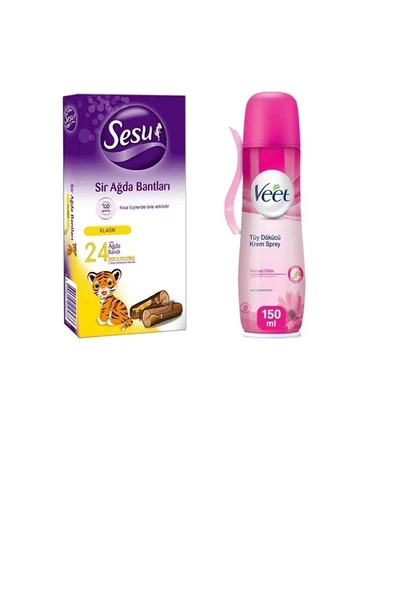 Sesu Şekersiz Ağda Bandı 24 'lü Klasik + Veet Normal Ciltler Için Sprey Krem 150 Ml