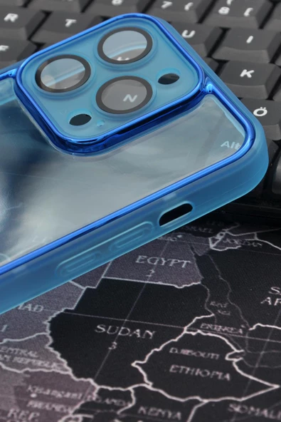 iPhone 13 Pro Max Uyumlu Mavi Kenarlı Renkli Yarı Şeffaf Kapak Kılıf Kamera Lens Korumalı - Resim 3