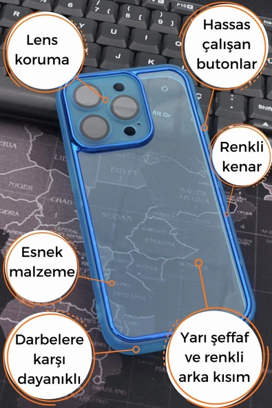 iPhone 12 Pro Uyumlu Mavi Kenarlı Renkli Yarı Şeffaf Kapak Kılıf Kamera Lens Korumalı - Resim 7