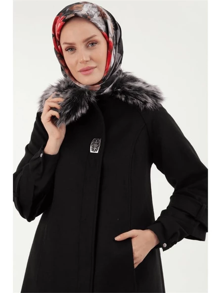 Armine Trend Yakası Kürklü Kaşe Kaban 22KT750 SİYAH - 3