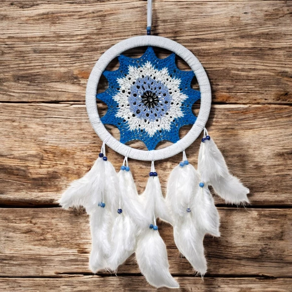 Petrol Mavisi Nazar Motifli Kuş Tüylü Duvar Süsü - Resim 3