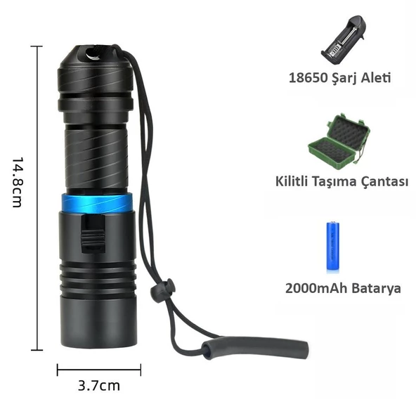 Valkyrie Profesyonel Şarjlı Su Altı Dalış Feneri Metal Kasa Yüksek Aydınlatma Su Geçirmez  2000mAh Kutulu - 4