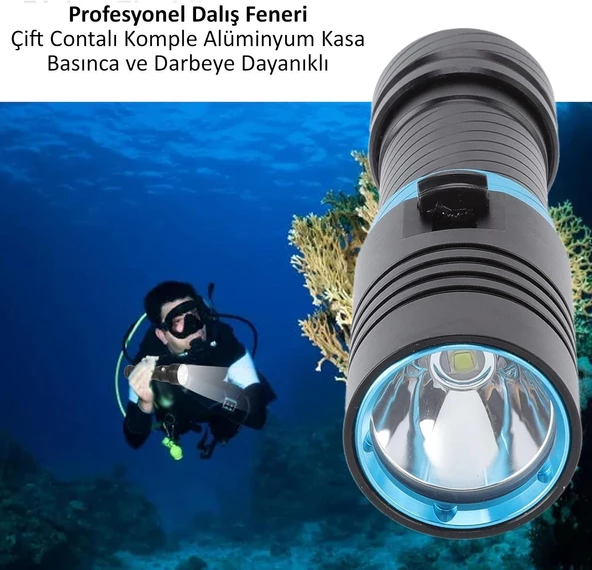 Valkyrie Profesyonel Şarjlı Su Altı Dalış Feneri Metal Kasa Yüksek Aydınlatma Su Geçirmez  2000mAh Kutulu - 2