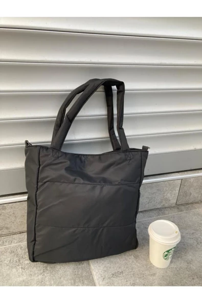 Kadın Siyah Kabartmalı Puf Kumaş Shopper Çanta ürün görseli 1
