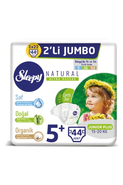 Sleepy Natural Bebek Bezi 5+ Numara Junior Plus 2'li Jumbo 44 Adet 13-20 kg