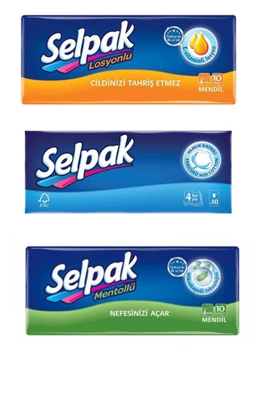 Selpak Mendil 3 'lü Set (losyon-klasik-mentol)10*3 (30 Adet 10'lu Mendil)