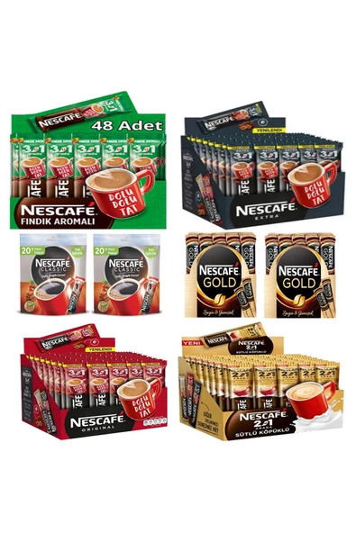 Nescafe Extra Fındıklı Sütlü Köpüklü Şekerli Stick Sade Gold Karma Set 48'li Paket