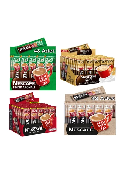 Nescafe Karma Set Fındıklı Sütlü Şekerli Sade Karma Paket 4 Paket 48'li Set