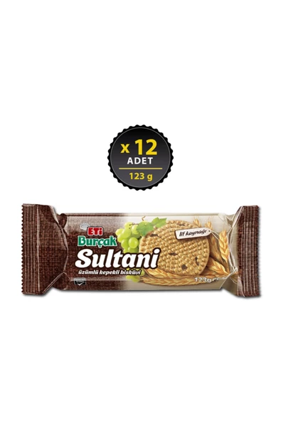 Eti Burçak Sultani Üzümlü Kepekli Bisküvi 123 g x 12 Adet