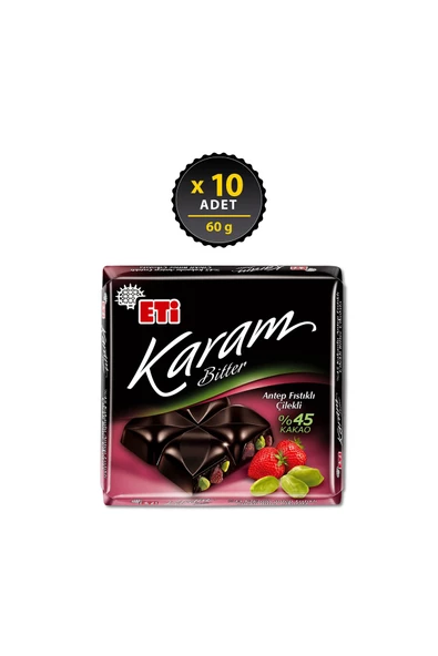 Eti Karam %45 Kakaolu Antep Fıstıklı Çilekli Çikolata 60 g x 10 Adet