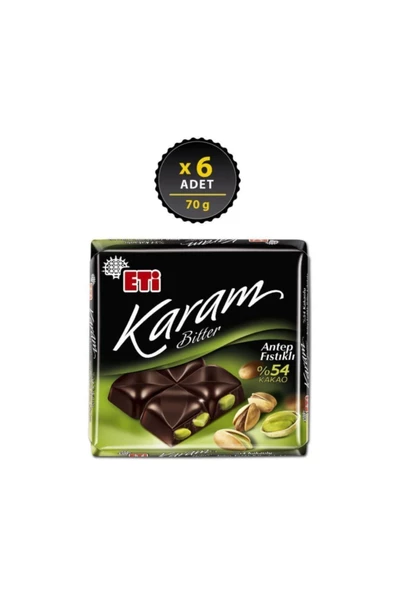 Eti Karam Antep Fıstıklı Kakaolu Bitter Çikolata 70 g x 6 Adet