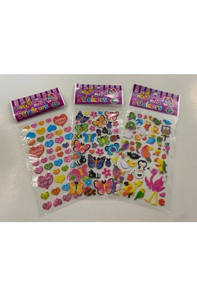 sticker Kabartmalı Kalp Kelebek Kuş Çıkartma 3'lü Set