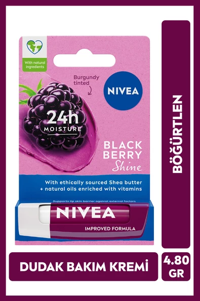 NIVEA Böğürtlen Dudak Bakım Kremi ve Parlatıcısı 4.8gr, Nemlendirici, Hafif Bordo Işıltı, Pürüzsüz Dudak