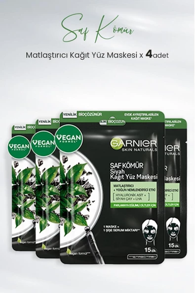 Garnier Kağıt Yüz Maskesi Siyah Saf Kömür Matlaştırıcı 28 gr X 4 Adet