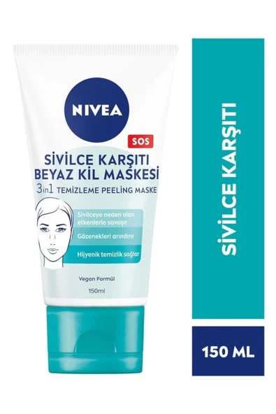 NIVEA 3in1 Sivilce Karşıtı Beyaz Kil Maskesi 150ml, Temizleyici, Peeling, Maske, Gözenek Arındırıcı