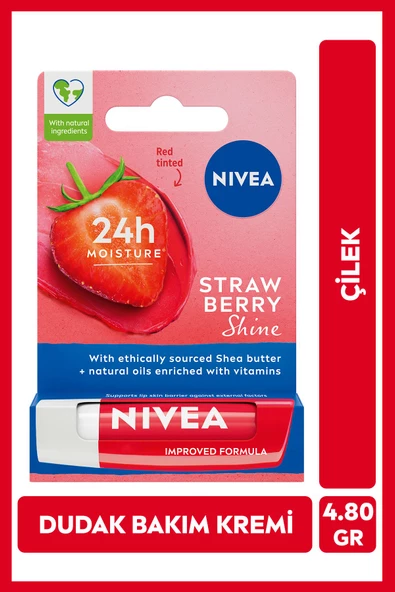 NIVEA Dudak Bakım Kremi Ve Dudak Parlatıcı 4.8gr, Çilek Kokusu, 24 Saat Nemlendirici, Hafif Kırmızı Işıltı