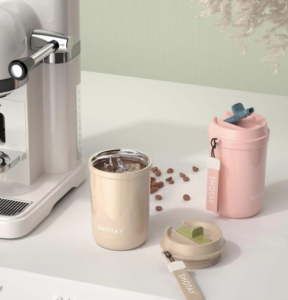 Shotay Strow Çelik Termos Mug 410Ml Krem - 3