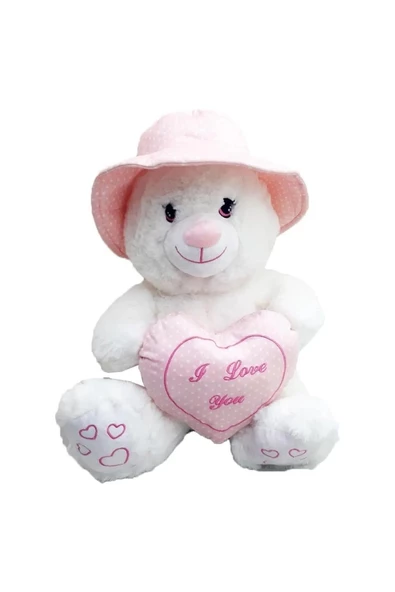 Sevimli Şapkalı Kalpli Peluş Ayıcık 43 CM - Uyku Ve Oyun Arkadaşı Peluş Oyuncak PEMBE - 1