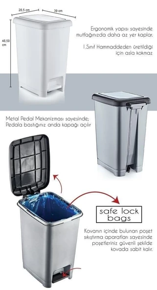 Omnipazar SY-4283 40 lt Slim Pedallı Gri Plastik Çöp Kova Siyah Kapak - 2