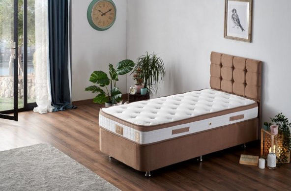Niron Latte 100x200 cm Tek Kişilik Yatak Baza Başlık Seti - Sert Yatak, Kumaş Baza ve Başlık Takımı