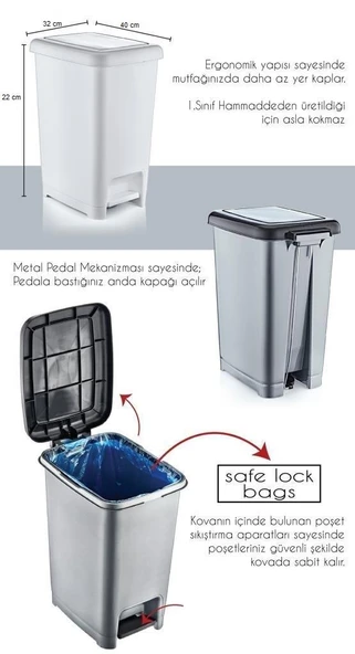 Omnipazar SY4281 15 lt Slim Pedallı Gri Plastik Çöp Kova Siyah Kapak - 2