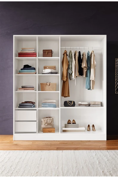 AEKA Ae-4001 Zambak Sürgülü Dolap Çok Raflı Çekmeceli Askılı Beyaz Kasalı (Sonomo-Beyaz Kapaklı) Gardırop - Resim 2