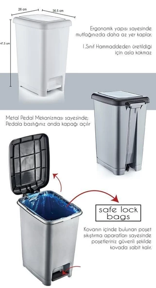 Omnipazar SY4282 25 lt Slim Pedallı Gri Plastik Çöp Kova Siyah Kapak - 2