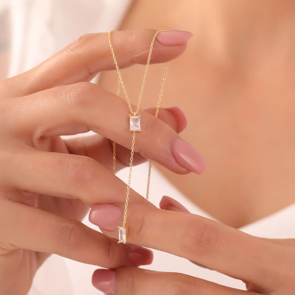 925 Ayar Gümüş Sallantılı Baget Taşlı Kolye - Resim 2