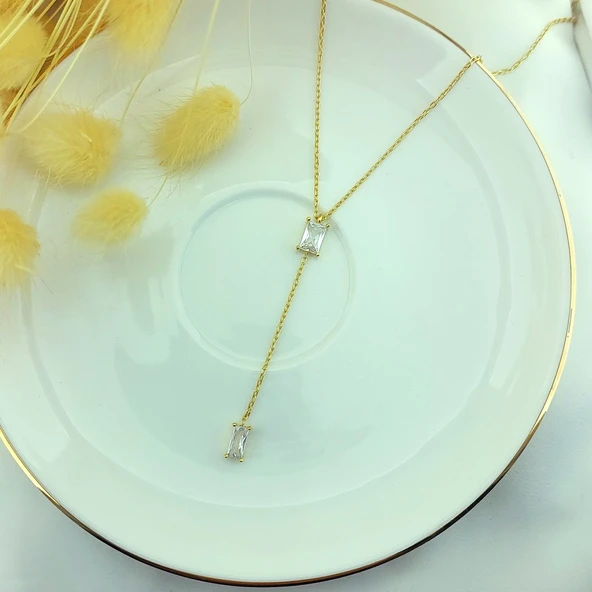 925 Ayar Gümüş Sallantılı Baget Taşlı Kolye - Resim 3