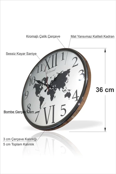 Parlak Metalik Kromajlı Çelik Çerçeve Bombe Camlı 36 cm Sessiz Kayar Saniyeli Kaliteli Duvar Saati - 4