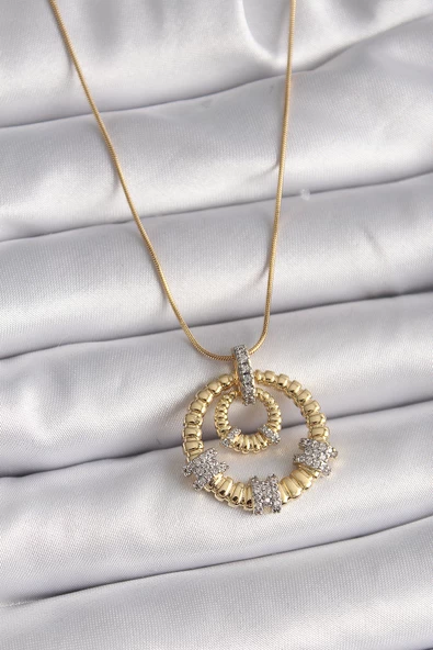 316L Çelik Gold Renk Zincir Gümüş Zirkon Taşlı Madalyon Model Kadın Kolye - TJ-BKO9480