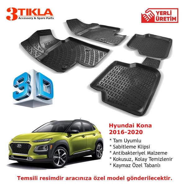 Hyundai Kona 2016-2020 Premium 3D Havuzlu Paspas Seti