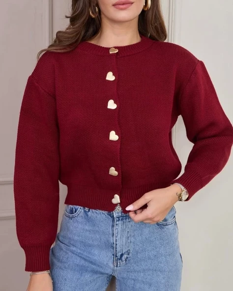 Kadın Uzun Kollu Kalp Düğme Detay Hırka - 4