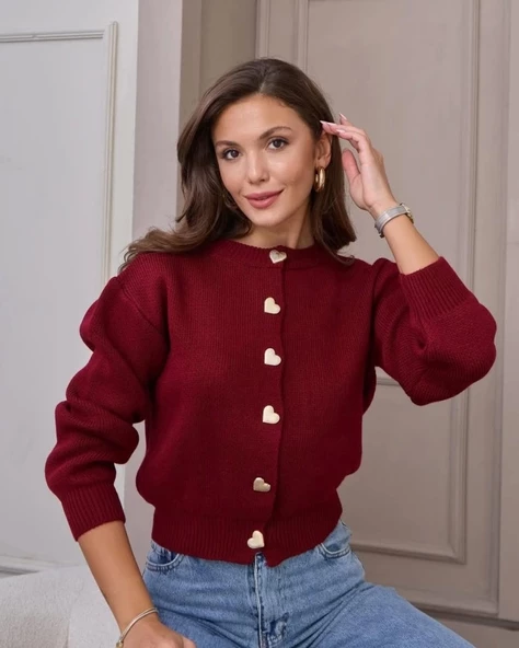 Kadın Uzun Kollu Kalp Düğme Detay Hırka - 2