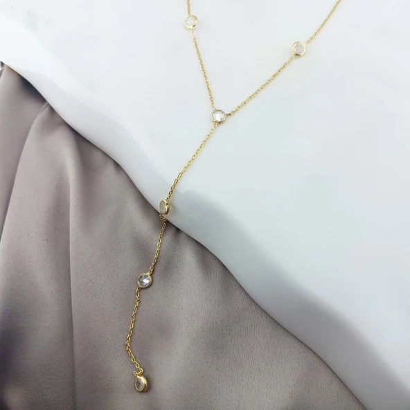 925 Ayar Gümüş Sallantılı Taşlı Gold Kolye - Resim 4