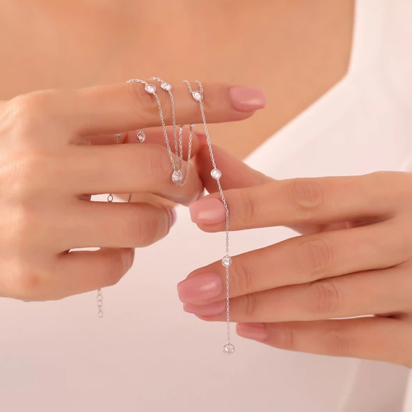 925 Ayar Gümüş Sallantılı Taşlı Choker Kolye - 2
