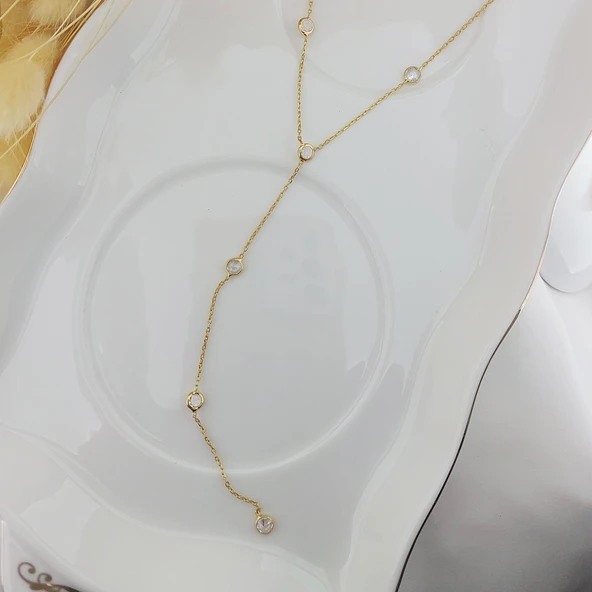 925 Ayar Gümüş Sallantılı Taşlı Gold Kolye - Resim 5