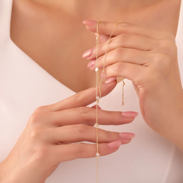 925 Ayar Gümüş Sallantılı Taşlı Gold Kolye - Resim 2