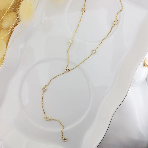 925 Ayar Gümüş Sallantılı Taşlı Gold Kolye - Resim 3