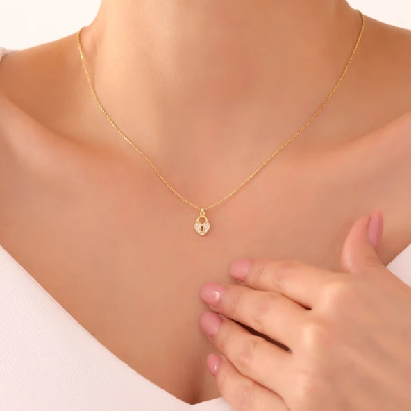 925 Ayar Gümüş Taşlı Kilit Kalp Kolye Kolye - Resim 2