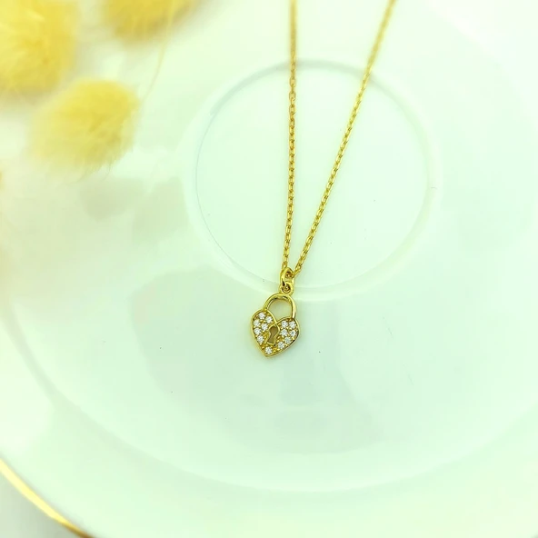 925 Ayar Gümüş Taşlı Kilit Kalp Kolye Kolye - Resim 3