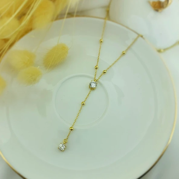 925 Ayar Gümüş Top Zincirli Tektaş Kolye - Resim 3