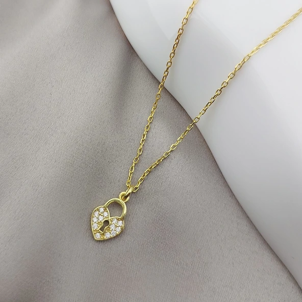 925 Ayar Gümüş Taşlı Kilit Kalp Kolye Kolye - Resim 4