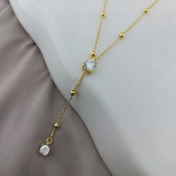 925 Ayar Gümüş Top Zincirli Tektaş Kolye - Resim 4