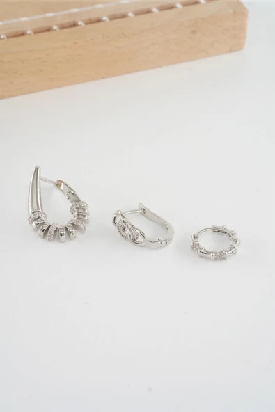 Kadın Vip Seri  Antialerjik Baget Zirkon Taşlı  3'lü Küpe - Resim 2