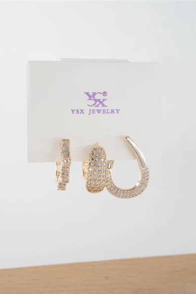 Kadın Vip Seri  Antialerjik Baget Zirkon Taşlı  3'lü Küpe ürün görseli